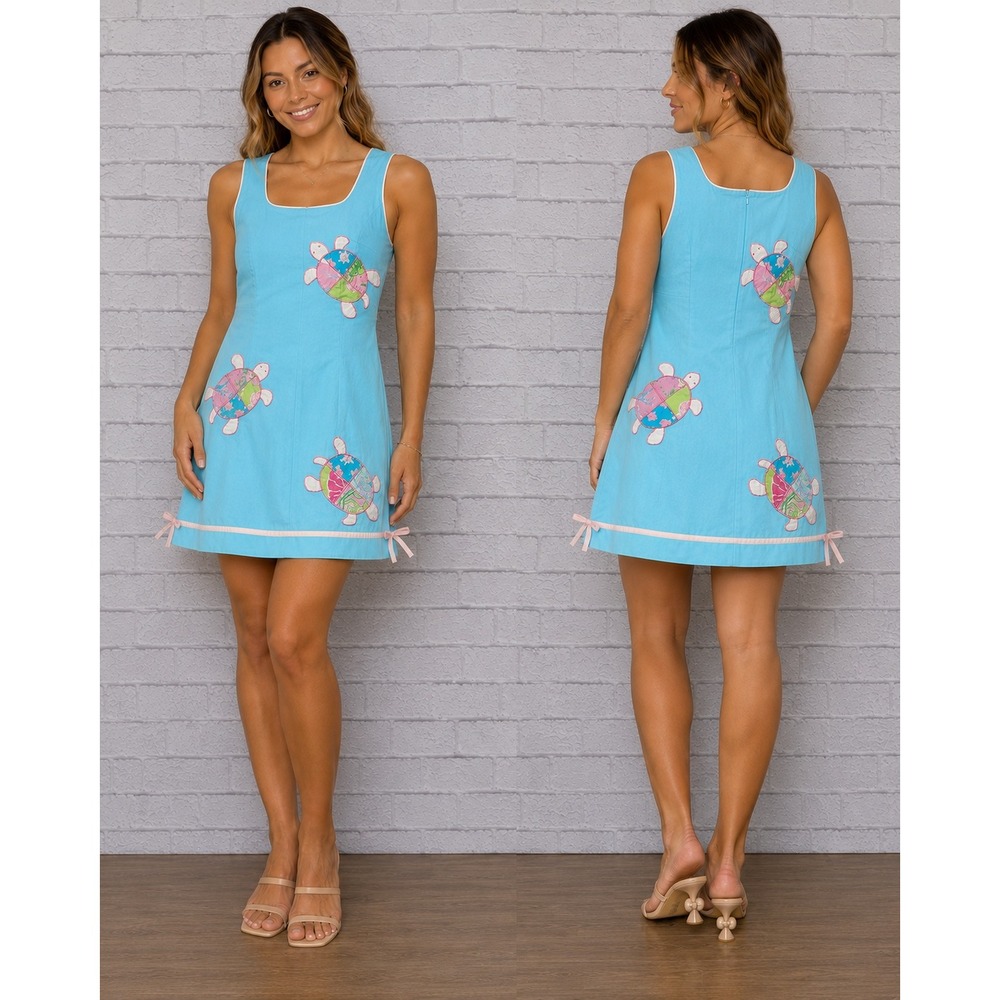 Lilly Pulitzer Blue Cotton Corduroy Sea Turtle Patchwork Shift Dress Size 2